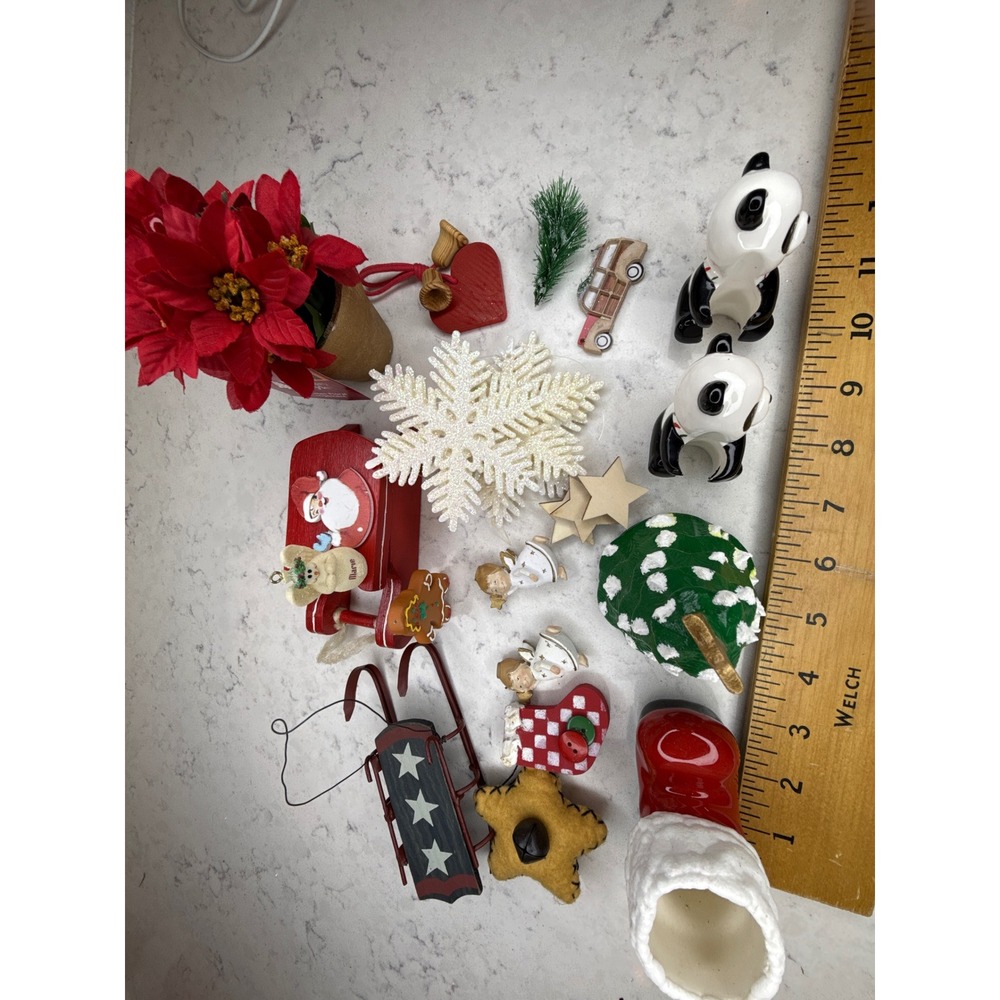 Vintage Christmas‎ Ornaments Lot Pandas Sleigh Angels Tree Poinsettia Gifts